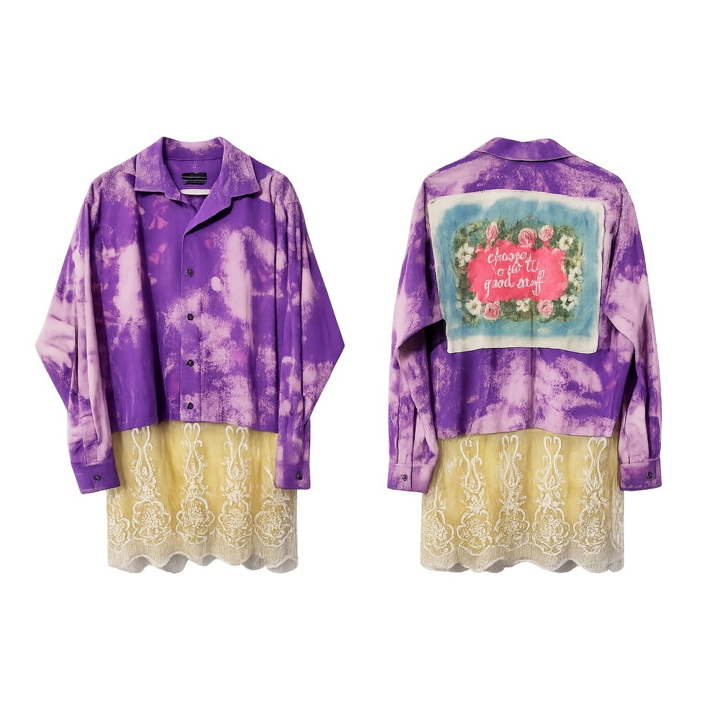 Marc Anthony‎ Purple Tie Dye Button Front Shirt Lace Hem Upcycled Art Boho XL